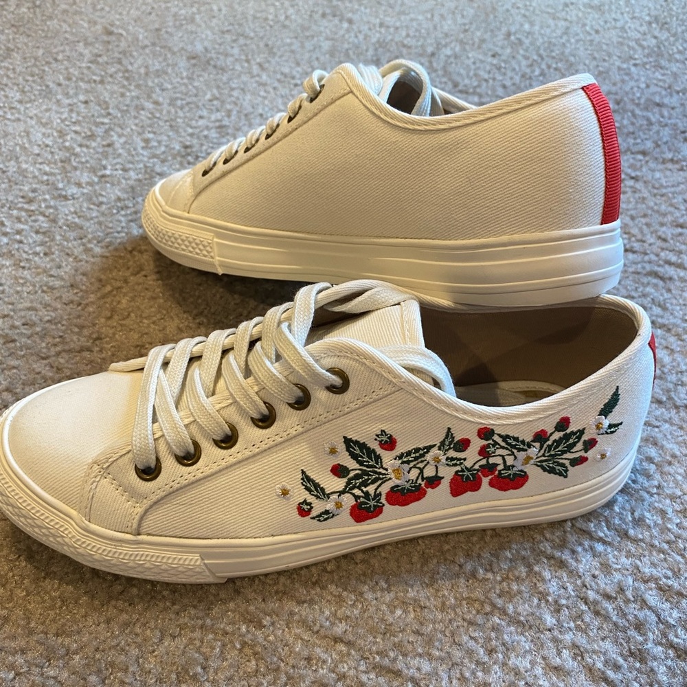 Boden White Sneakers with Red Floral Design